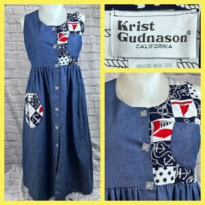 VTG Krist Gudnason Sleeveless Maxi Dress Medium Nautical Theme Denim And Pockets